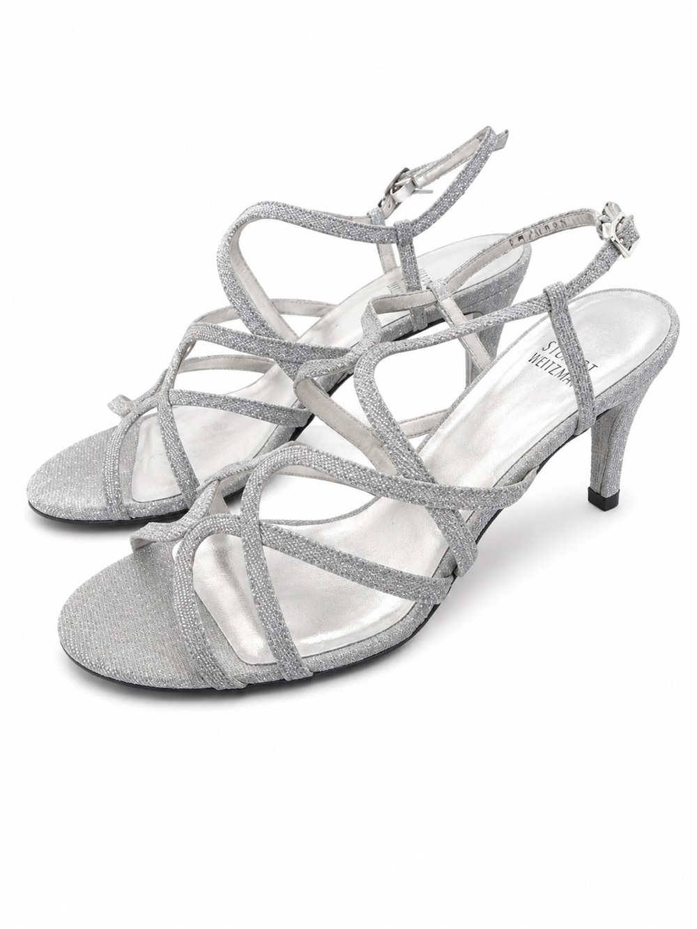 STUART WEITZMAN Silver Glitter Strappy Heels Sandals Size 7.5 New